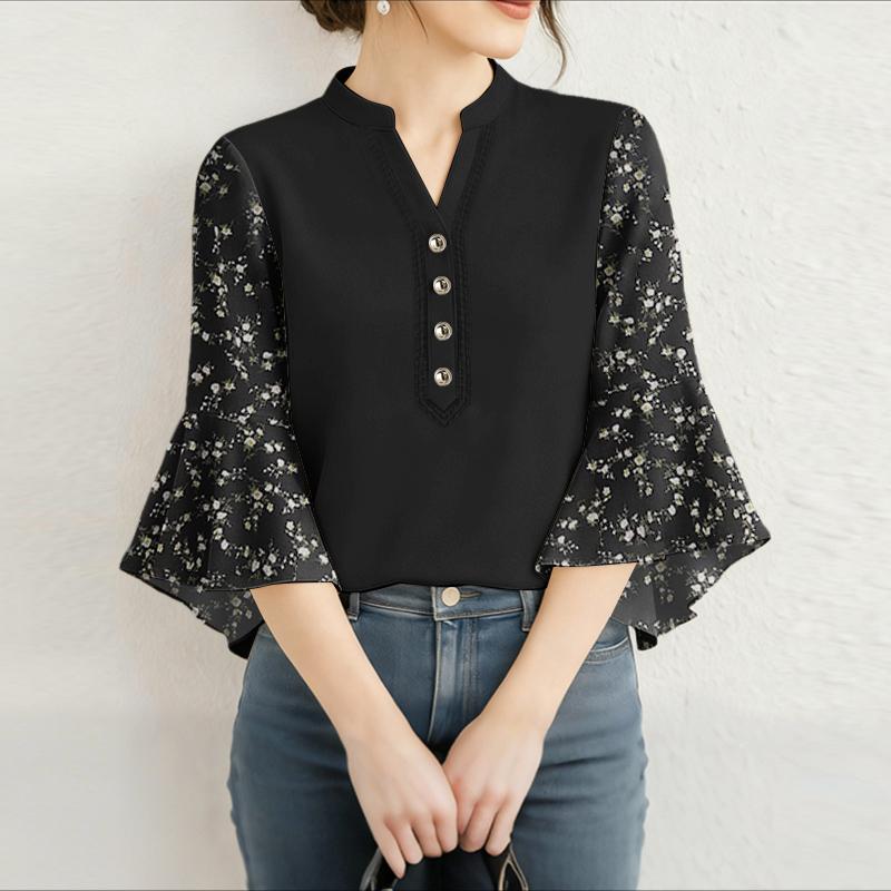 ZANZEA Women Casual V-Neck Print Splice Loose 3/4 Sleeve Blouse