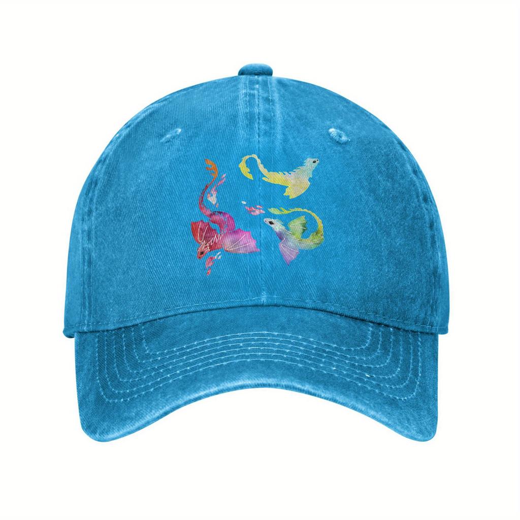 Watercolor Dragon Print Baseball Cap Distressed Denim Casual Adjustable Golf Hat Adult