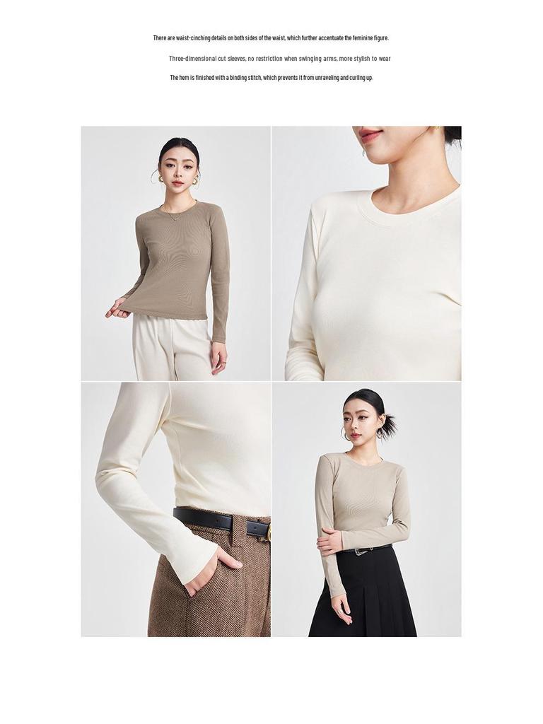 She Exhibition Women's Cotton Round Neck Long Sleeve T-shirt, 2025 Autumn/Winter Style Base Layer Top.