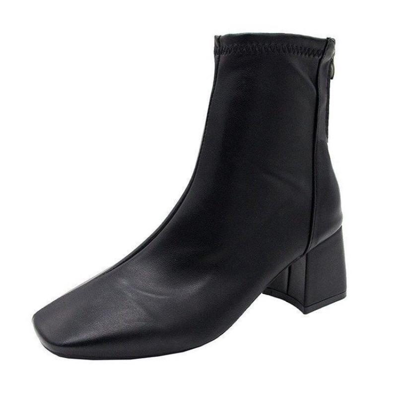Women's Boots, Winter Square Head Back Zip Short Boots, Women's Chunky Heel Middle Heel Boots Women