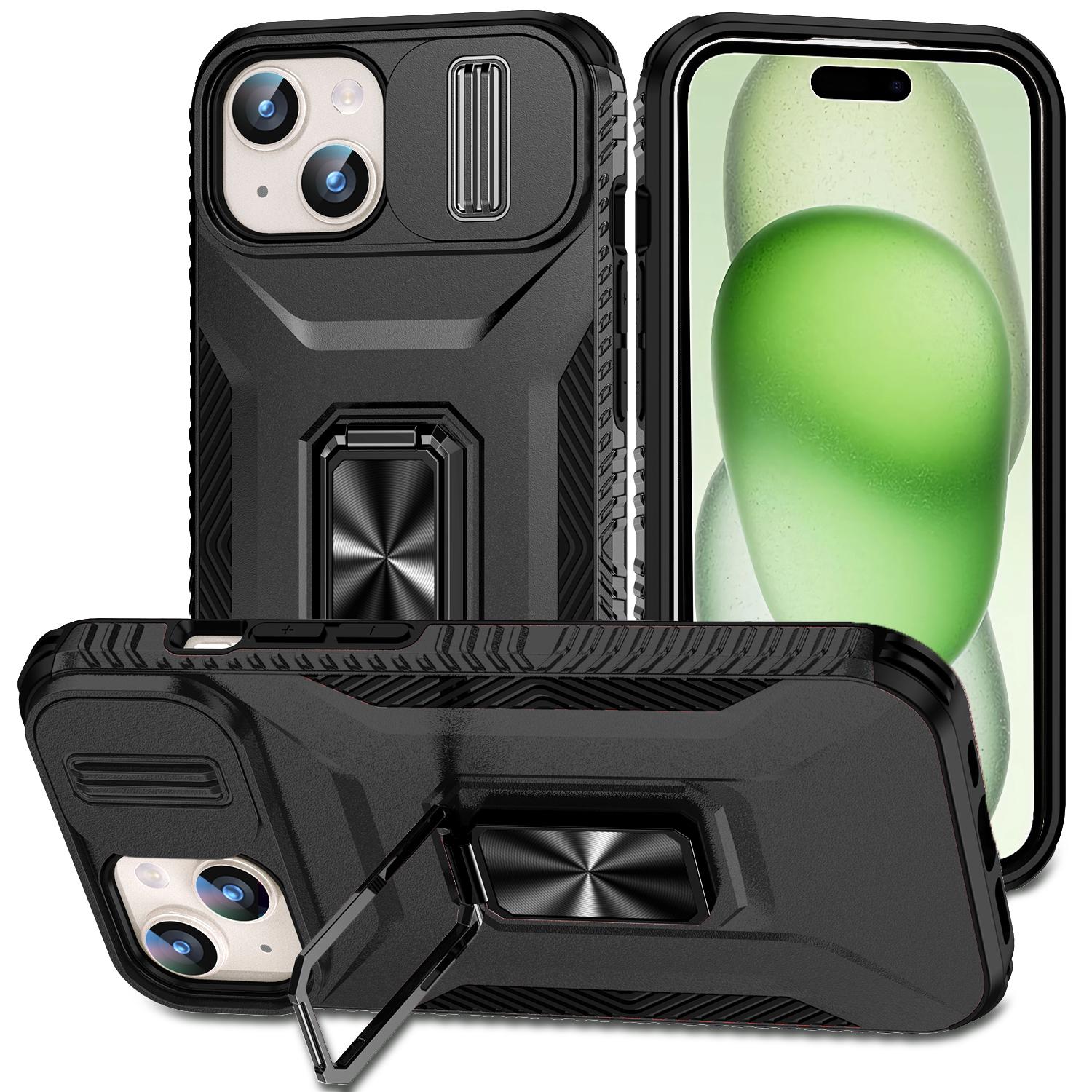 

For iPhone 15 Case Camshield Kickstand TPU+PC Anti-Slip Phone Cover Black