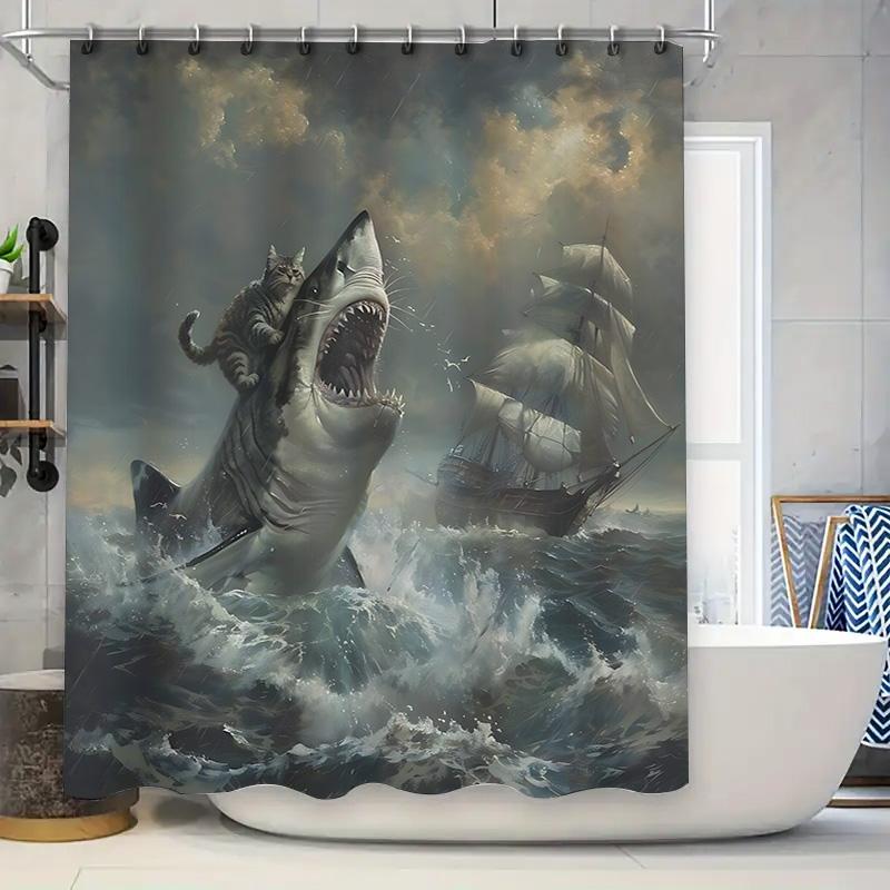 

Unique Shark Themed Sailing Ship Bath Curtain Cat Pattern Waterproof Fabric Easy To Install And Maintain Complimentary Hook W60H190(CM)-1 Pcs