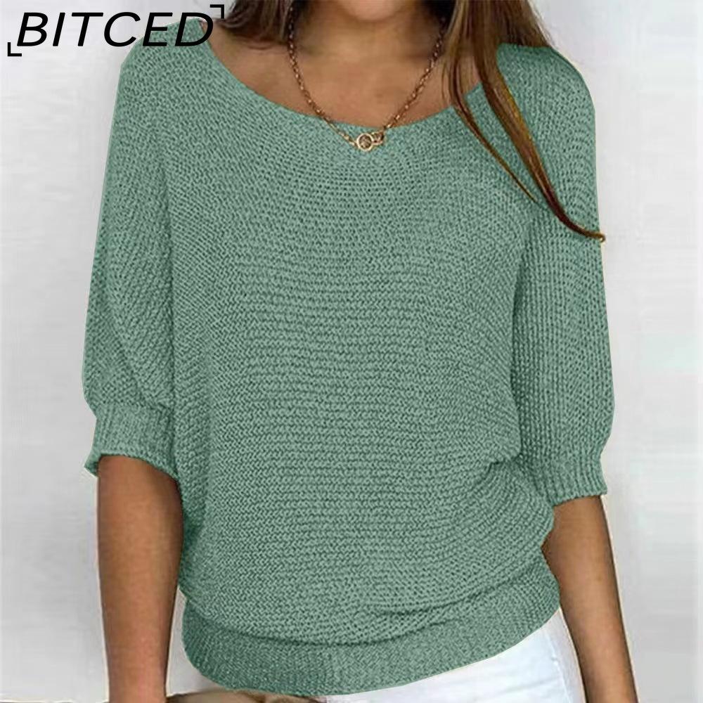 BITCED Βαμβακερό Πλεκτό Τοπ Μονόχρωμο με Στρογγυλή Λαιμόκοψη για Γυναίκες Κομψή Μπλούζα με 3/4 Μανίκια για το Γραφείο και Χώρους με Κλιματισμό