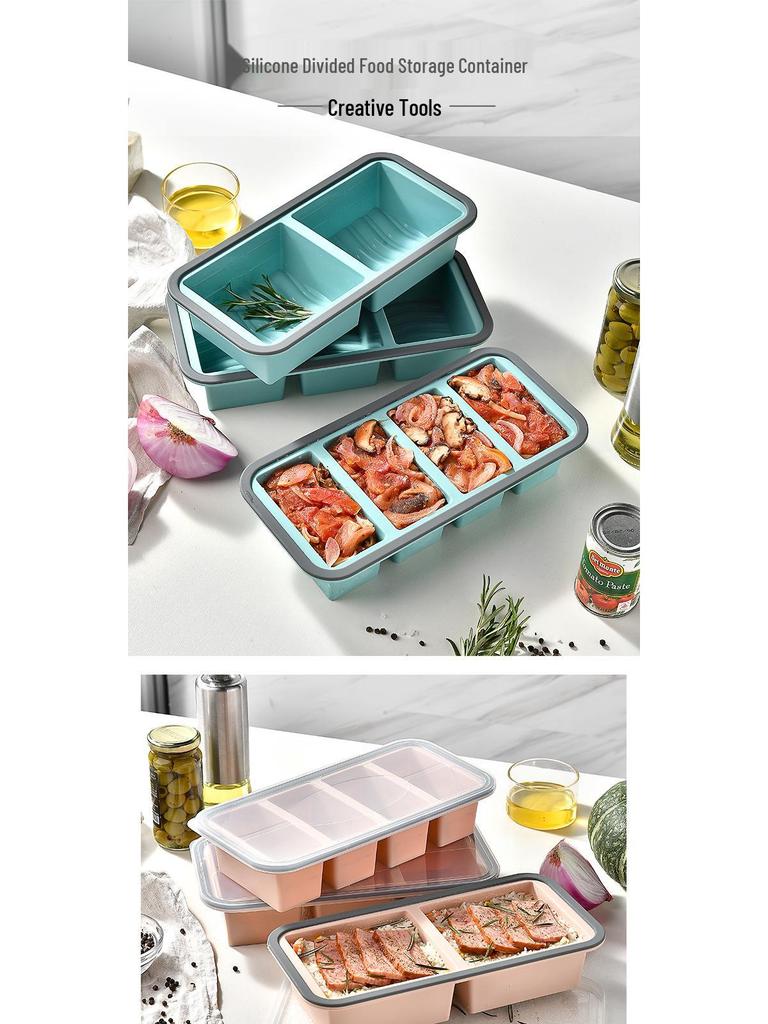 Cutie de prânz din silicon cu compartimente și capac - Container pentru congelator și depozitare alimente pentru mese proaspete