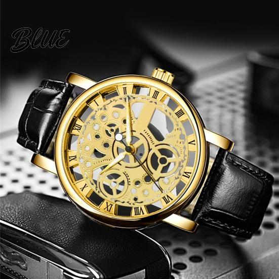 Quartz Watch Men Vintage Hollow Round Dial Faux Leather Strap