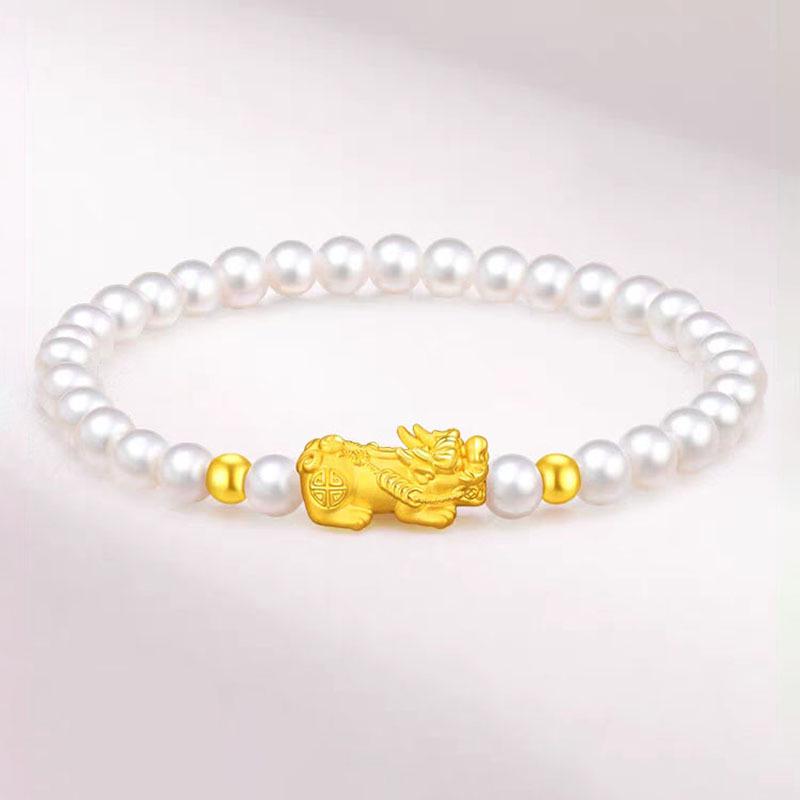 Golden Rose Bracelet with 999 Pure Gold Beads, Lotus Fu Pendant & Pearl – Perfect Mother s Day Gift Shell Pearl Version