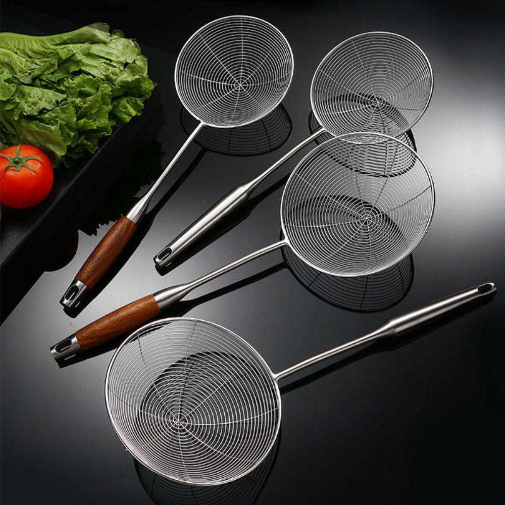Wooden Handle Mesh Strainer Stainless Steel Fried Sieve Spoon  For Noodle French Fries