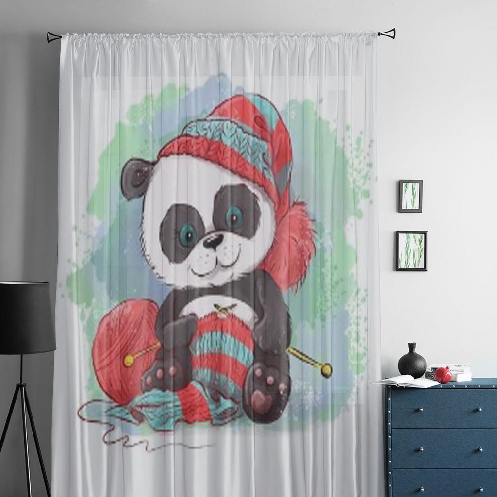 Tecknad Akvarell Panda Stickar En Scarf Tyll Skira Gardiner för Vardagsrum Sovrum Köksinredning Voile Organza Gardiner