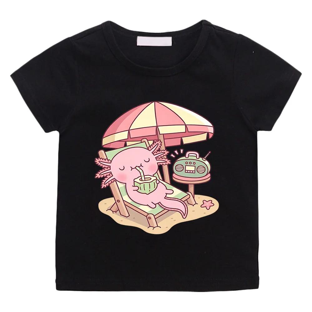 Cute Axolotl Childrens Tshirts 100cotton Drinking Coconut Water on The Beach  Funny Print Short Sleeve Boys Girls Tees Summer