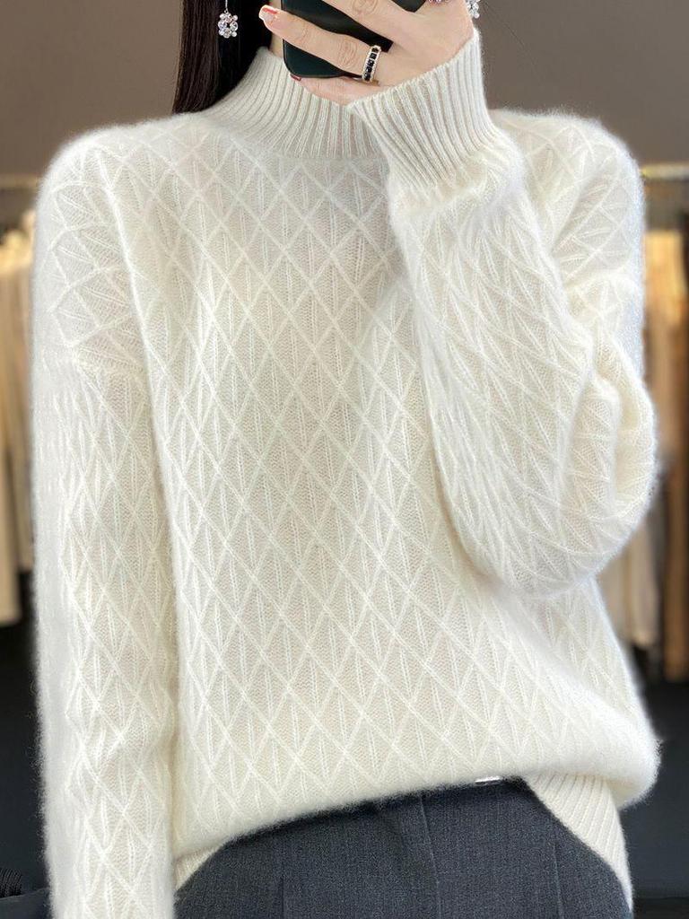 2023 Loose Fit High Neck Wool-Blend Sweater with Diamond Pattern for Autumn & Winter