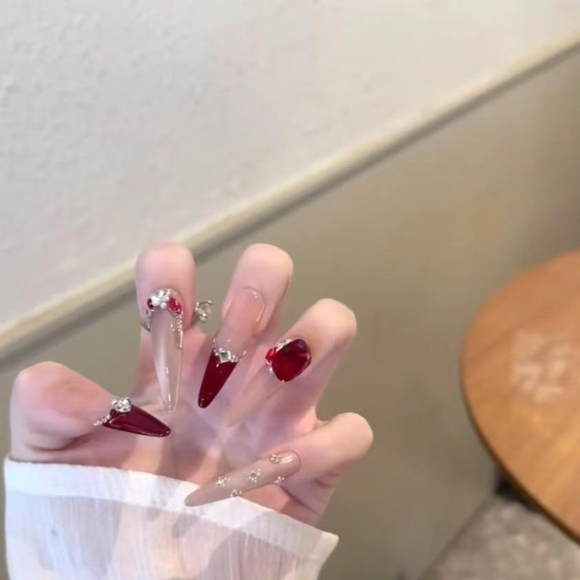 

Festive Red Pearl & Diamond Handmade False Nail Set S