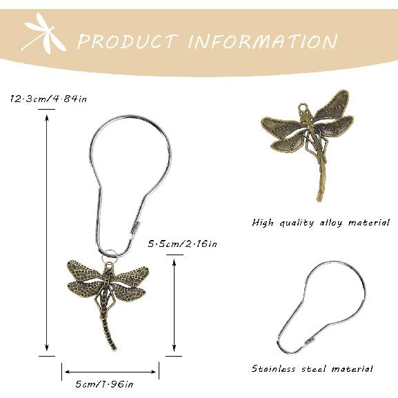 12 Pieces Shower Curtain Hooks Dragonfly Bathroom Shower Curtain Hooks Stainless Steel Shower Curtain Rings Decorative Shower Curtain Hangers Forest