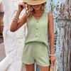 Women's Casual Vest Shorts Suit 2 Pieces Sets Summer Neck Buttons Vest High Waist Wide Leg Shorts Sets Women Clothing
