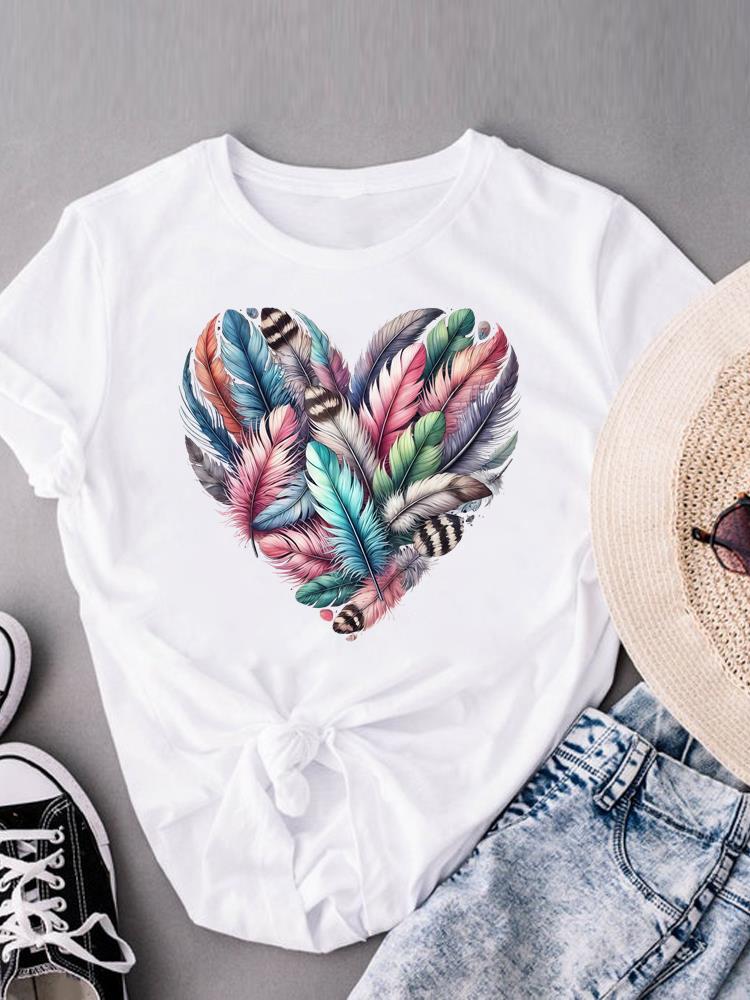 (Asian Size) Leopard Love Heart Women's Top Print O-neck Short Sleeve T-shirts Fashion Female Casual T Clothing Graphic Tee