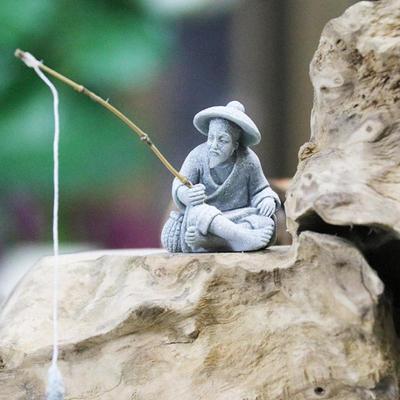 1Pcs Aquarium Mini Fisherman Statue Asian Zen Home Decoration Fish Tank Garden Sitting Fishing Sandstone Vintage Ornament