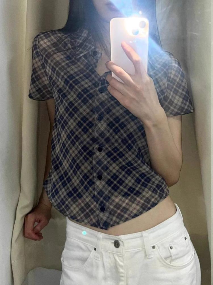 Cămăși în carouri vintage americane, femei de stradă, vară, modă nouă, bluze slim fit, gotic Y2k, e-girl, cu rever, cu gât, topuri scurte pentru femei