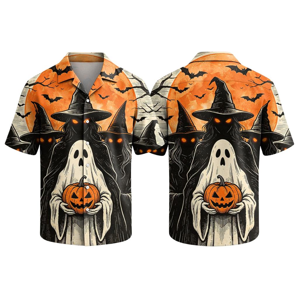 Men's Casual Short Sleeve Button Down Shirt Halloween Print Camp Collar Relaxed Fit Lightweight Top