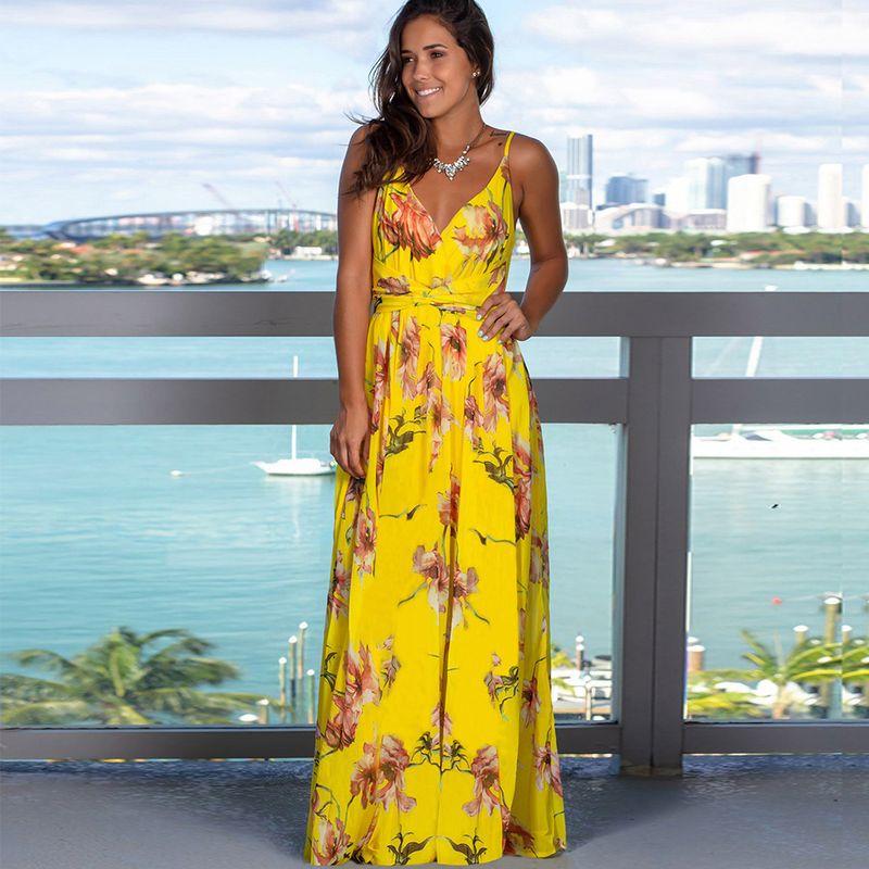 Strap Printed Beach Long Dress for Women Sling Print Beach Dress Women