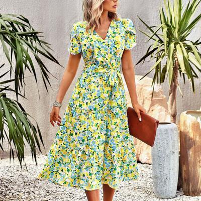 Women Summer Dress Flower Print A-line Loose Hem Patchwork Short Sleeves Irregular Short Sleeve Split Hem Lace Up High Waist Lady Midi Dress