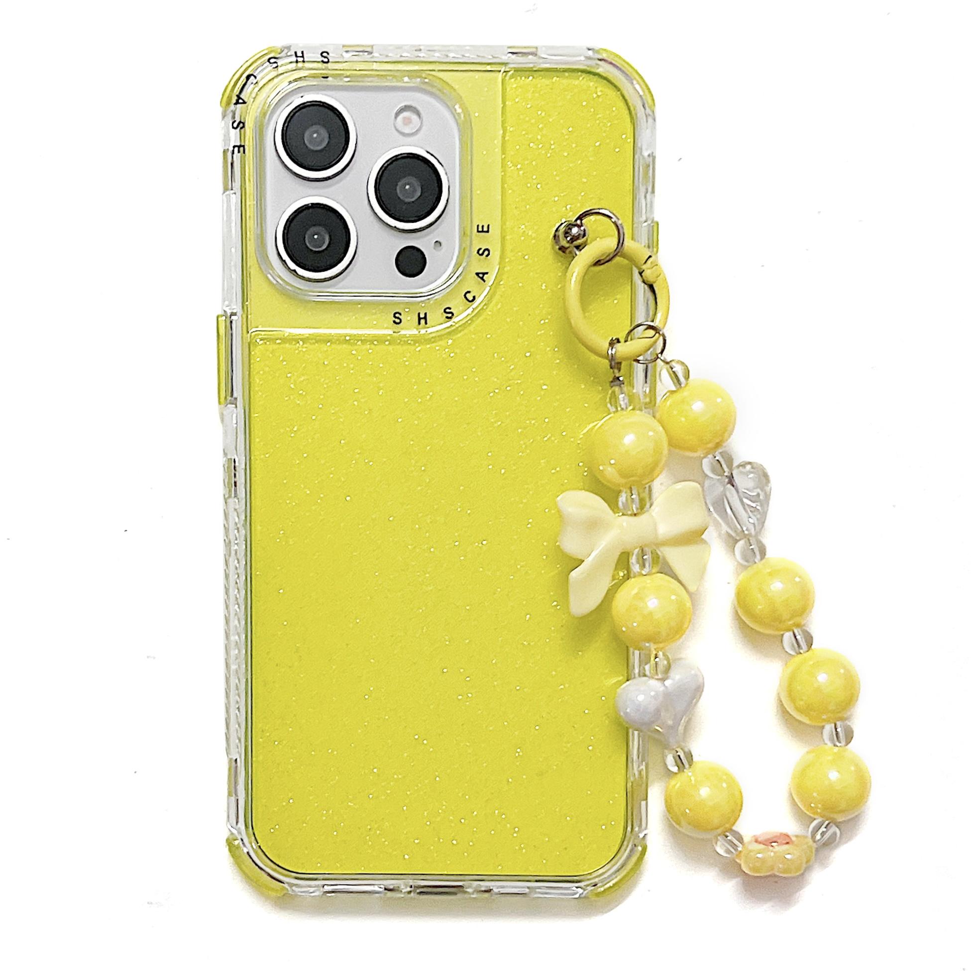 

For iPhone 16 Pro Max Case Anti-Drop Glitter Design PC+TPU Phone Cover with Strap Yellow