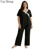 Plus Size Women Pajama Set V‑Neck Lace Bow Short Sleeve Wavy Edge Wide Leg Pants Soft Smooth Sleep Loungewear