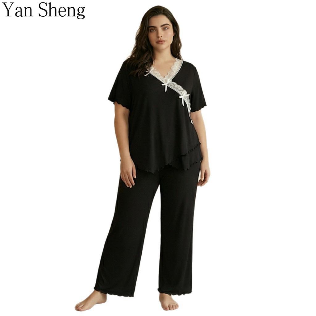 Plus Size Women Pajama Set V‑Neck Lace Bow Short Sleeve Wavy Edge Wide Leg Pants Soft Smooth Sleep Loungewear