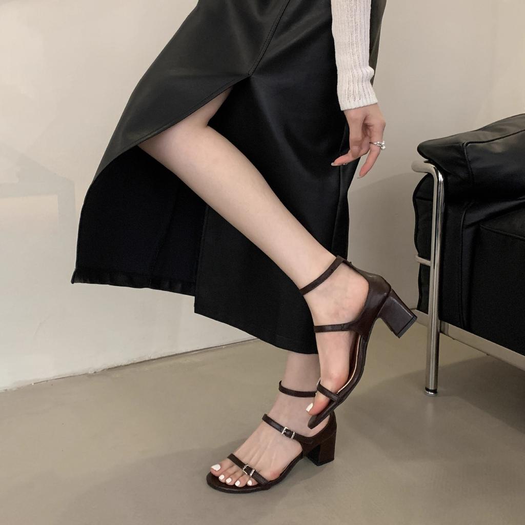 High heels niche French simple open-toed sandals women's shoes 2025 new summer thick heel with skirt Roman shoes