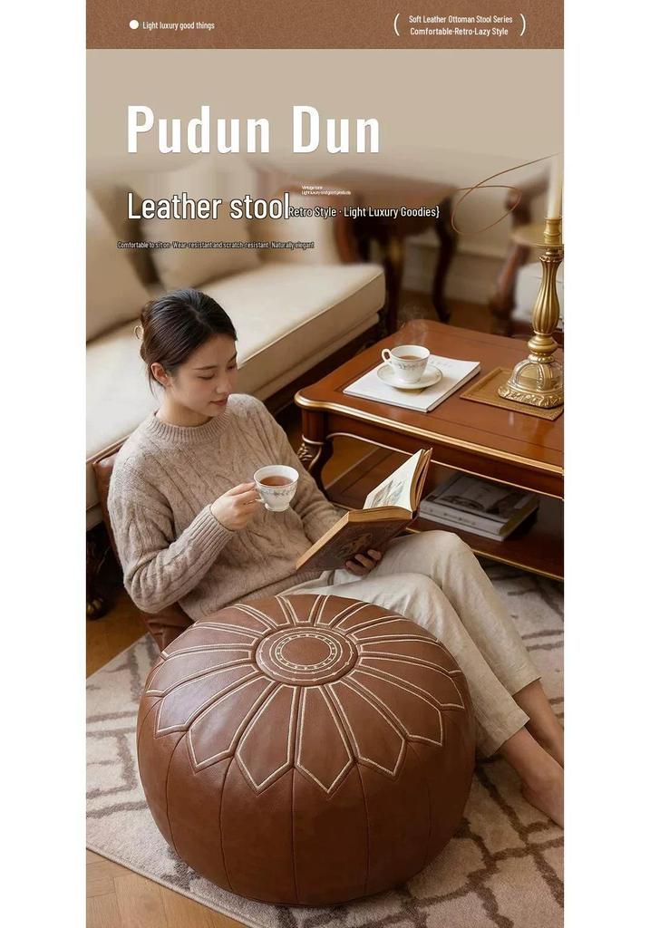 Solid Color Leather Storage Stool with Non-slip Base – Pumpkin Shape Upholstered Ottoman for Living Room or Garden.