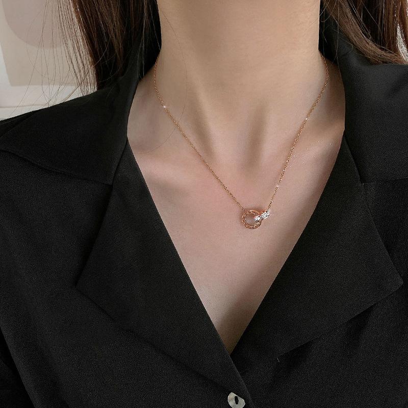 Titanium Steel Roman Numerals Double Ring Necklace Women'S Light Luxury Design Sense Collarbone Chain Neck Chain Accessories Do Not Fade