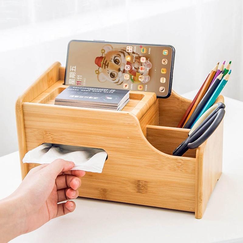 A44Z-Coffee Table Remote Control Holder Collection Cosmetics Receipt Inclusion Organizer Storage Bamboo Wooden Box Racks