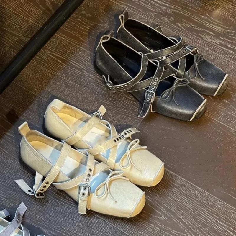 Fashion Buckle Strap Shoes Woman Flats Bow-Knot Low Heels Dress Ballerinas Butterfly New Retro 2025 Rubber Rome PU Butterfly-knot