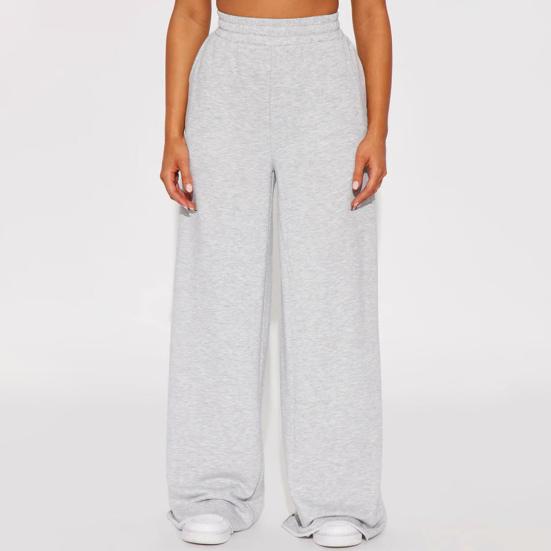 Women Casual Pants Solid Color Wide Leg Trousers with Pockets Elastic High Waist Hip Hop Style Long Pants