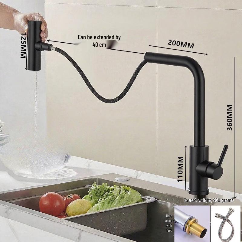TLXT Black Wall-Mounted Pull-Out Kitchen Faucet