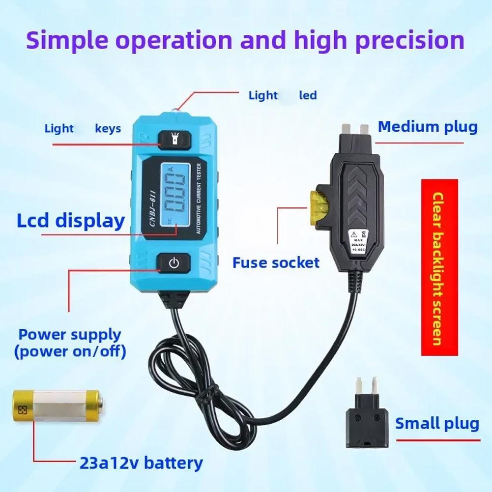 Automotive Circuit Fault High-Precision Current Tester,20A 48V Car Relay Fuse Blade Checker,With Blue Backlit LCD Screen