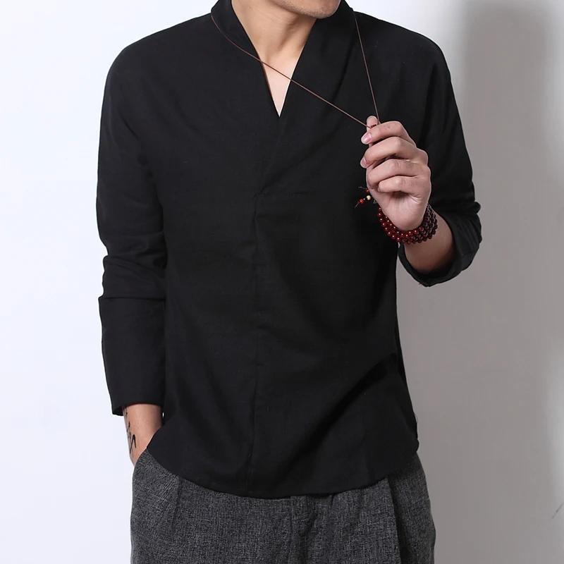 Linen Shirt Men 2025 Mens Spring Long Sleeve V-Neck Shirts Men Chinese Style Cotton Shirts Male Casual Soild Color Blouse