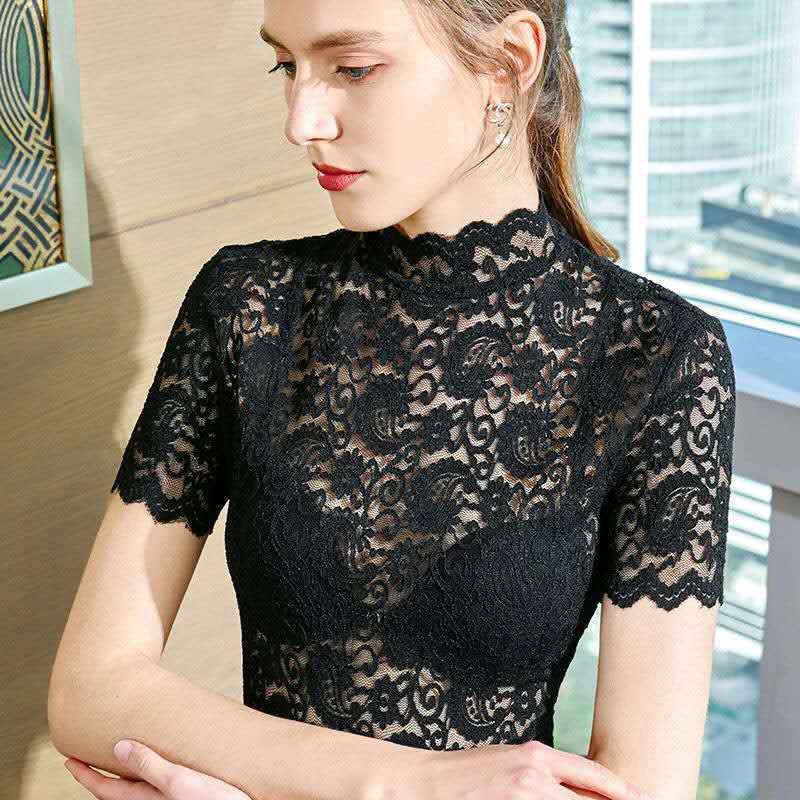 

Кружевная футболка с коротким рукавом, верхняя женская летняя модная сексуальная рубашка с полой волнистой кромкой S чёрный