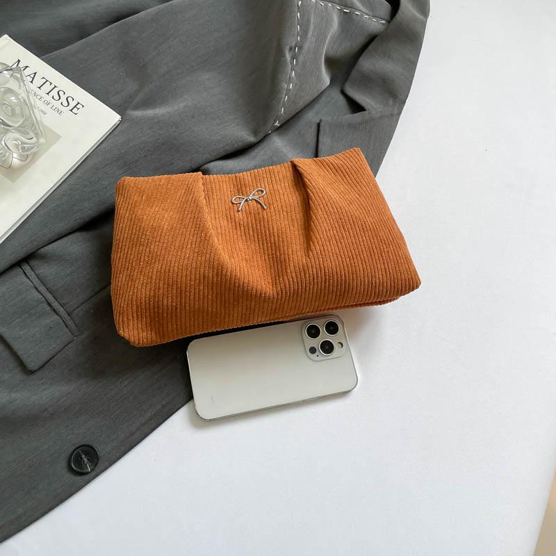 Yogodlns Fashionable Ins Embroidered Butterfly Knot Women's Clutch City Simple Style Corduroy Small Solid Color Purse