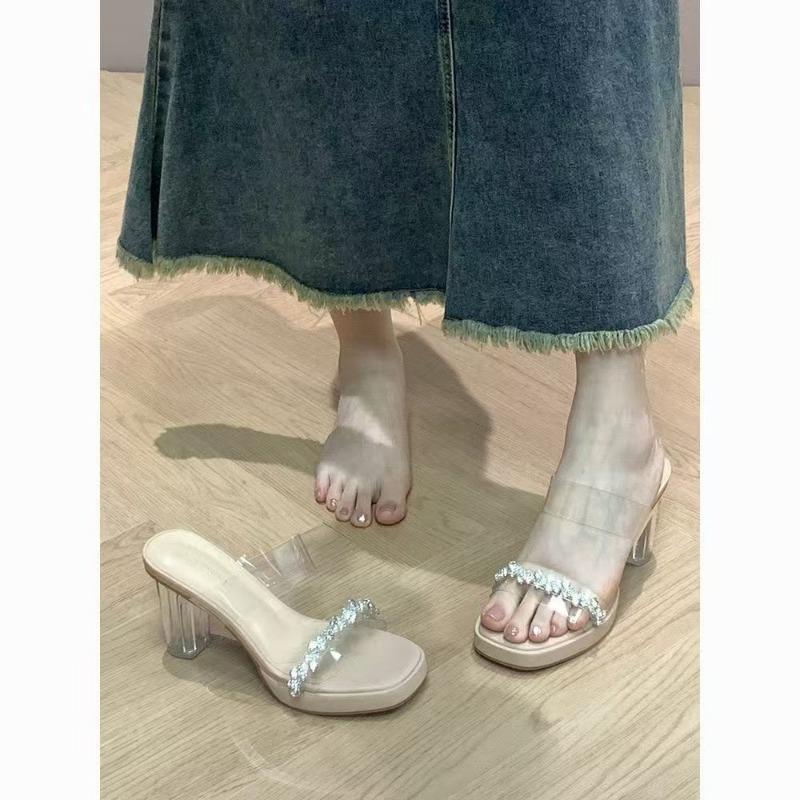 Crystal Thick Heel Sandals Women's New Summer Rhinestone Transparent Word with High Heels Sexy Cool Slippers