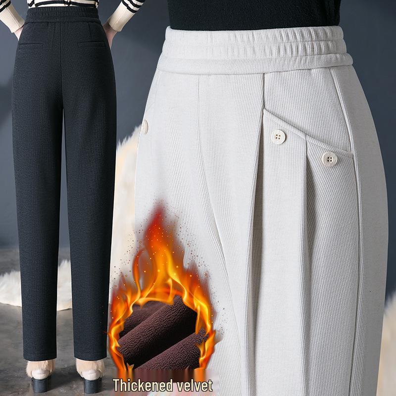 Pantaloni Harem Lână Căptușiți cu Fleece pentru Femei - Talie Elastică de Catifea, Pantaloni Casual de Iarnă pentru Mame de Vârstă Mijlocie și Vârstnice.