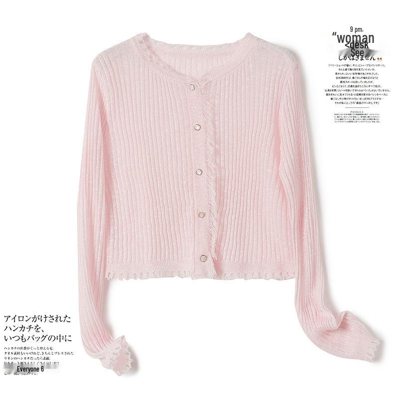 

Женский летний вязаный кардиган с длинным рукавом - Приталенный, короткий топ из ледяного шелка для защиты от солнца One Size Fits Up to 140 lbs розовый