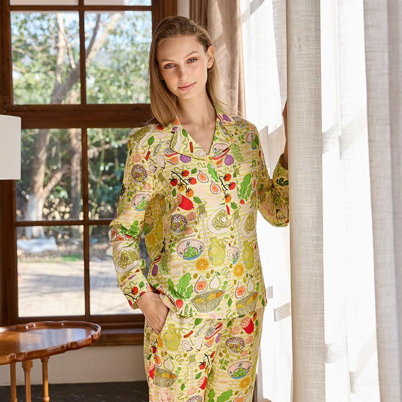 Womens Lightweight Cotton Pajama Set Long Sleeve Loose Fit Home Wear Fall