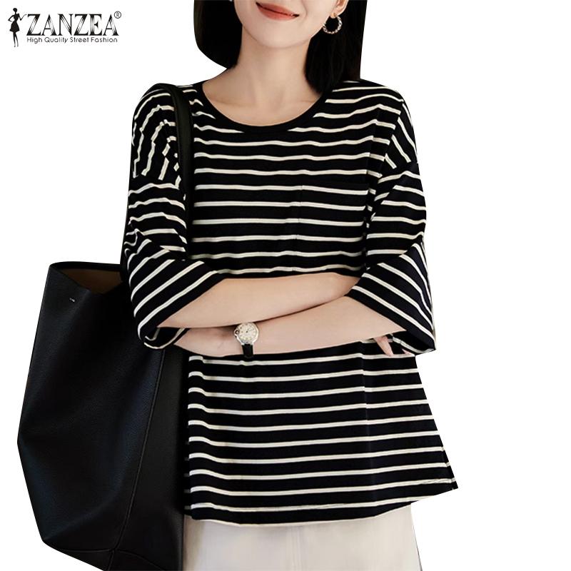 

ZANZEA Женская повседневная блузка с круглым вырезом в полоску и принтом до половины рукава S чёрный