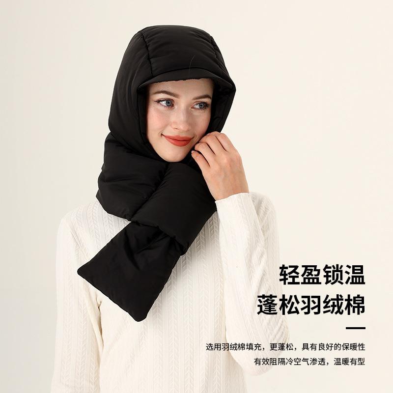 Winter warm scarf integrated pullover hat outdoor skiing travel cold warm thickened down neck scarf women