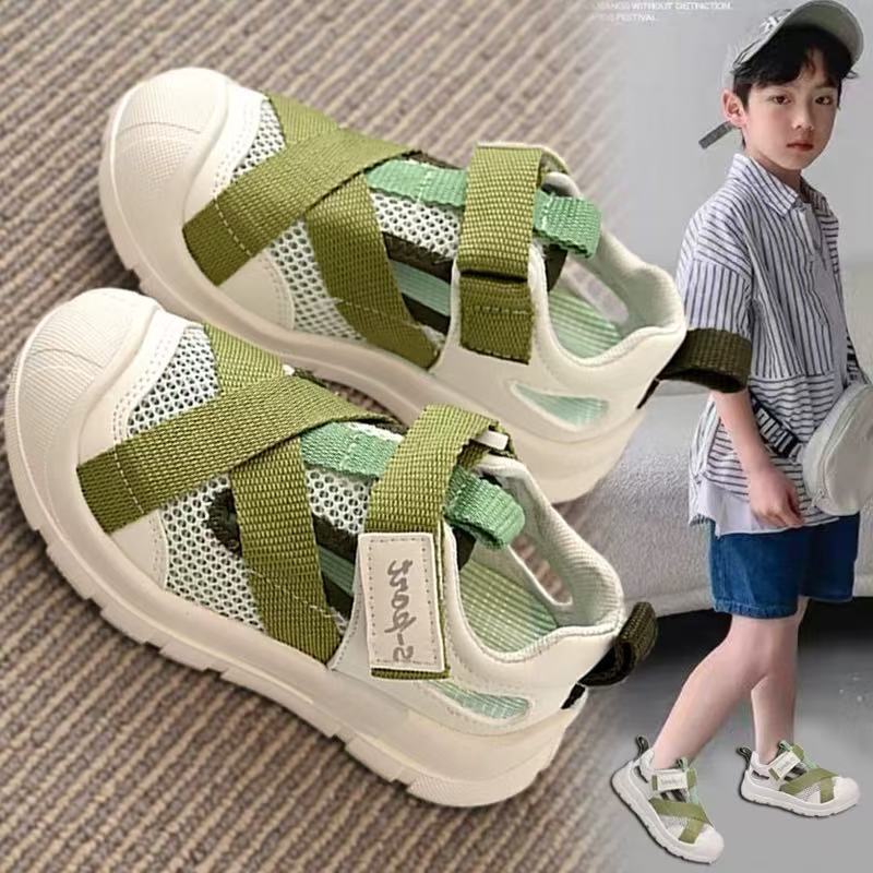 Kids Breathable Mesh Cross Strap Hook And Loop Closed Toe Casual Sandals 26 зелёный