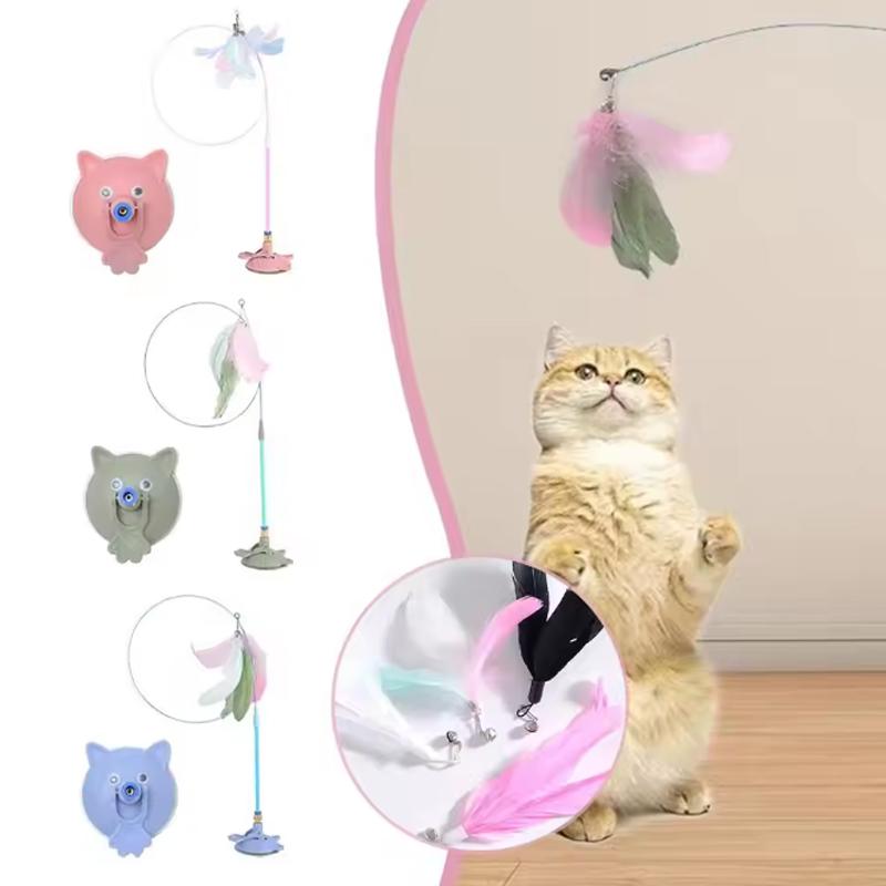Pet Toy Teasing Cat Stick Feathers Wand With Bell Interactive Toys Kitten Playing Suction Cup Toy Play With Cat Pet Accesorios