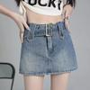 Women High Waist Slim Fit Denim Skort with Belt Solid Color Pockets Ultra-mini Skirt Fashion Accessories