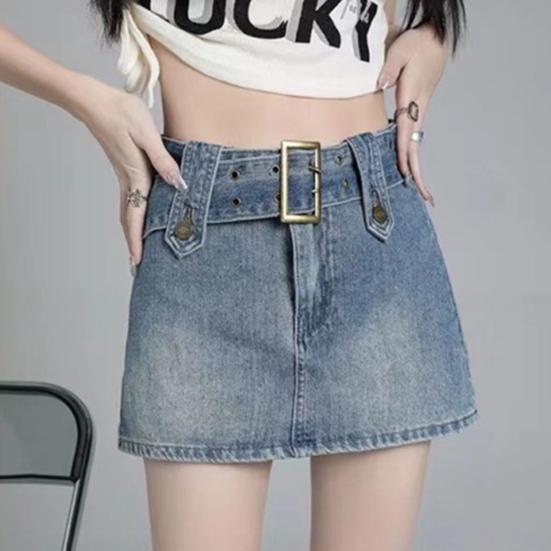Women High Waist Slim Fit Denim Skort with Belt Solid Color Pockets Ultra-mini Skirt Fashion Accessories