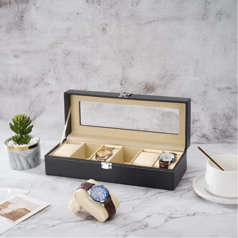PU Leather Display Storage Collection Organizer Watch Box Case With Glass Top Slot Men Watch Bracket Display Box Gifts