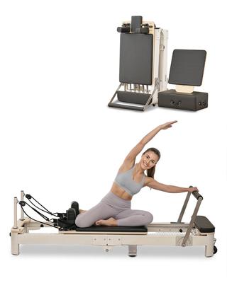 VEVOR Foldable Pilates Reformer Machine, Reformer Set with Sitting Box, Pilates Bed with Dual Resistance- Spring & Cord