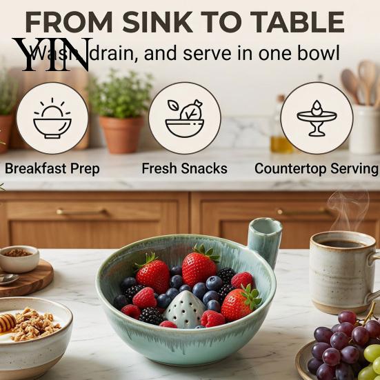 Fruit Bewaar Kom Keramisch Bessen Wassen met Afvoergaatjes, Multifunctioneel Keuken Zeef Vergiet Kom, Spiraal Ontwerp Groente Spoelen voor